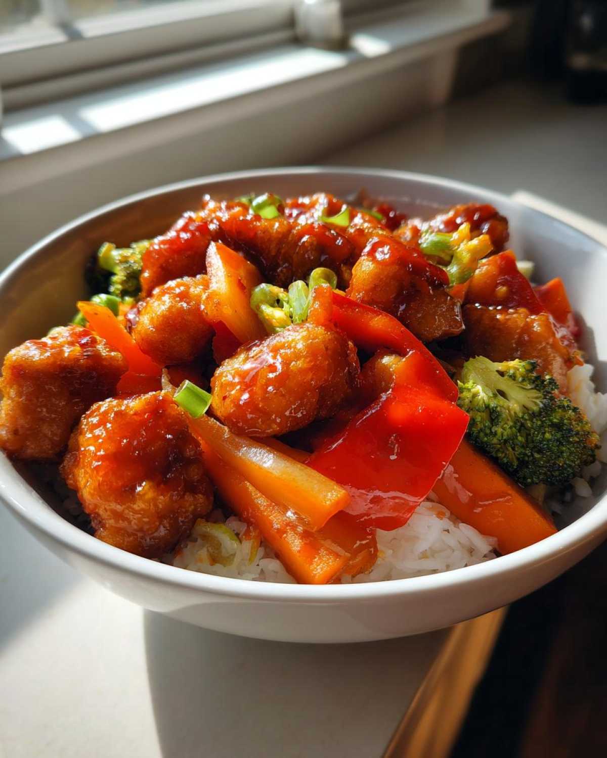 Close-up of a Sticky Orange Chicken Bowl with rice, broccoli, carrots, and red peppers glistening with sauce.
