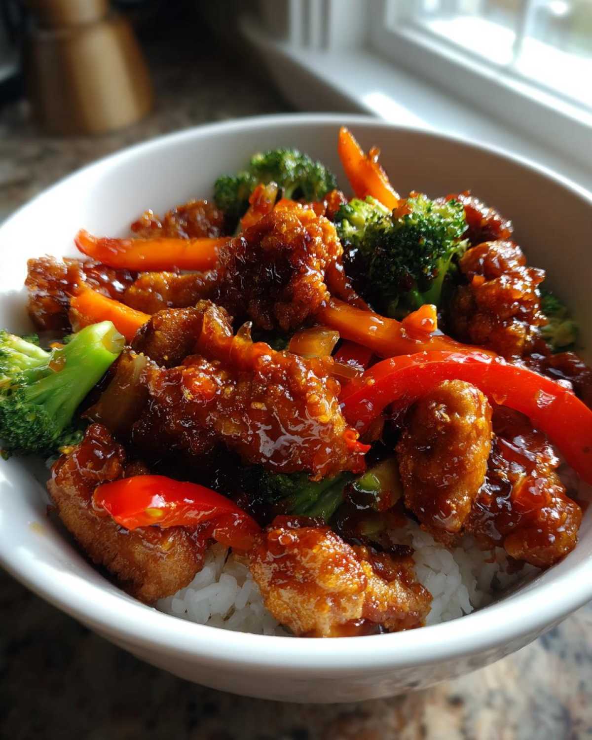 A close-up of a white bowl filled with Sticky Orange Chicken Bowl with Veggies served over white rice.