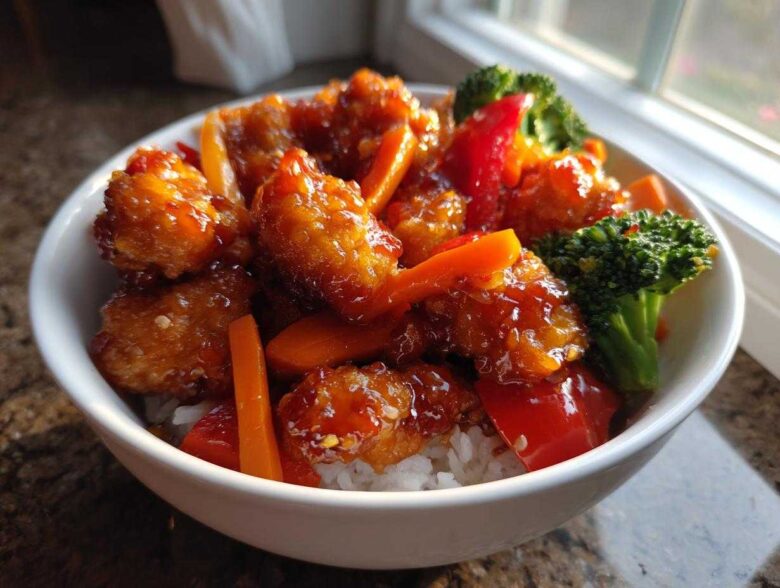 Close-up of a white bowl filled with Sticky Orange Chicken Bowl with Veggies served over white rice.