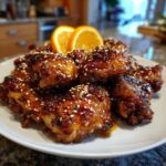 Close-up of Sticky Orange Chicken Thighs covered in a thick, glossy glaze and sprinkled with sesame seeds.