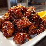 A close-up of Sticky Orange Chicken Thighs coated in a dark, glossy sauce, topped with sesame seeds and orange zest.