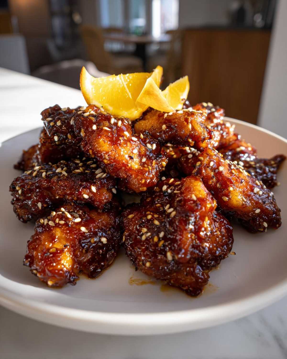 A plate piled high with Sticky Orange Chicken Thighs, coated in a dark glaze and sprinkled with sesame seeds, garnished with orange slices.