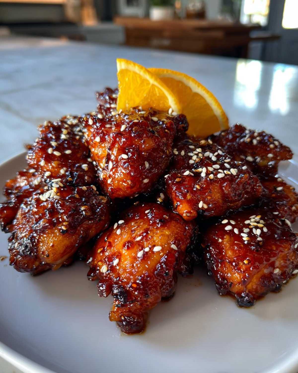 A pile of glazed Sticky Orange Chicken Thighs Better Than Takeout, garnished with sesame seeds and an orange slice.
