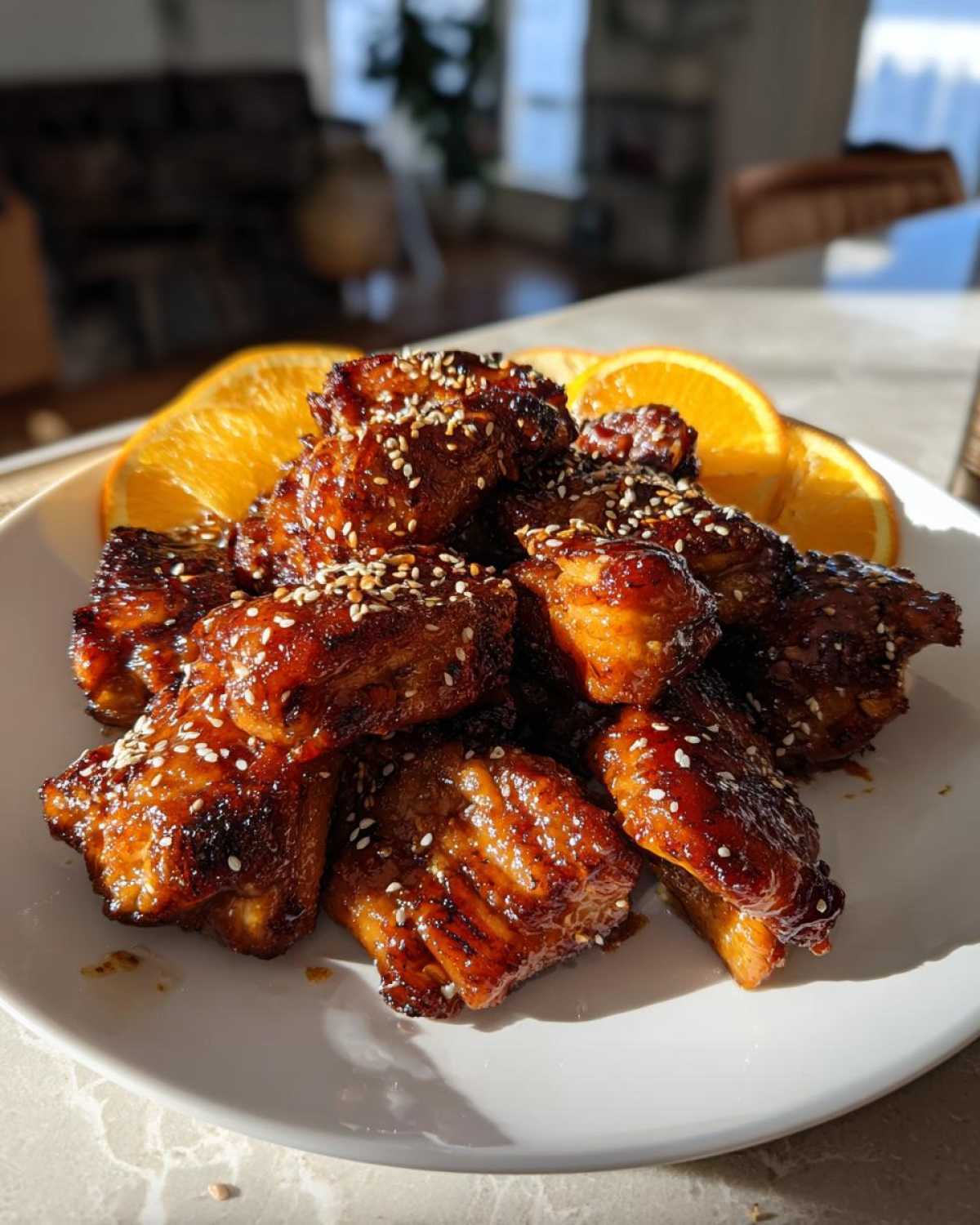 Plated Sticky Orange Chicken Thighs, deeply glazed and topped with sesame seeds, garnished with orange slices.
