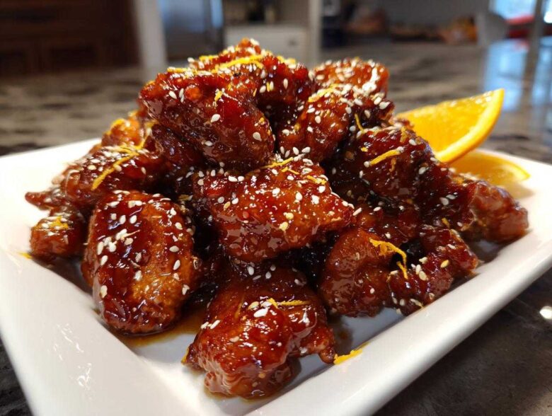 A close-up of Sticky Orange Chicken Thighs coated in a dark, glossy sauce, topped with sesame seeds and orange zest.