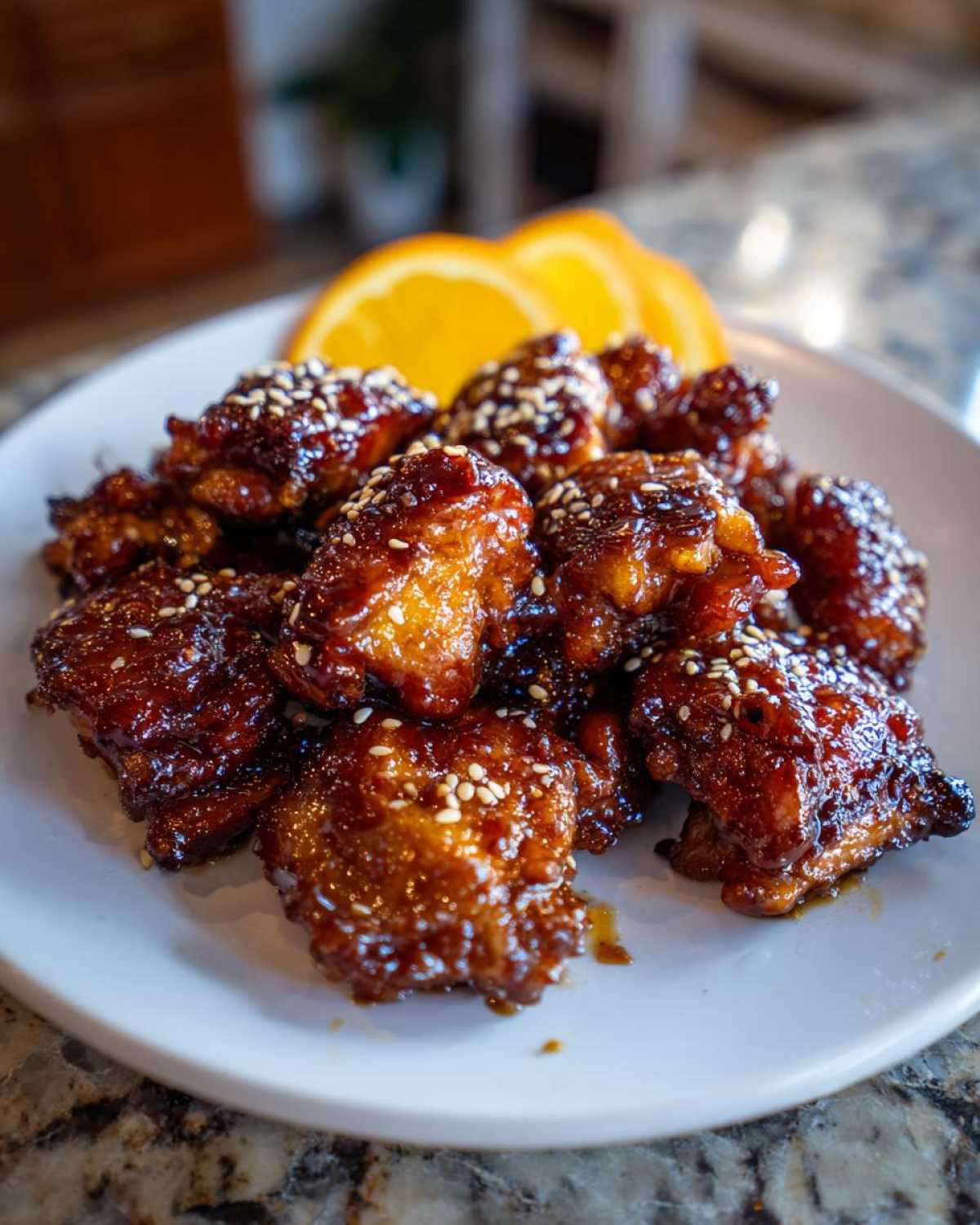 Close-up of Sticky Orange Chicken Thighs coated in a rich glaze and sprinkled with sesame seeds, garnished with orange slices.