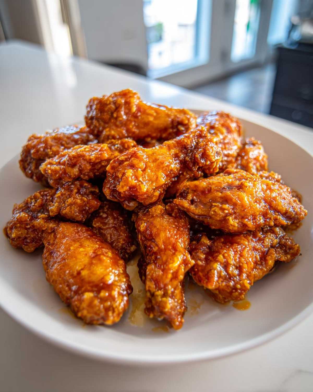 A close-up of a white plate piled high with glistening Sticky Orange Chicken Wings with Honey Glaze.