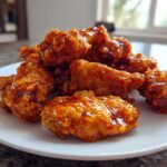 A mound of crispy Sticky Orange Chicken Wings with Honey Glaze piled high on a white plate.
