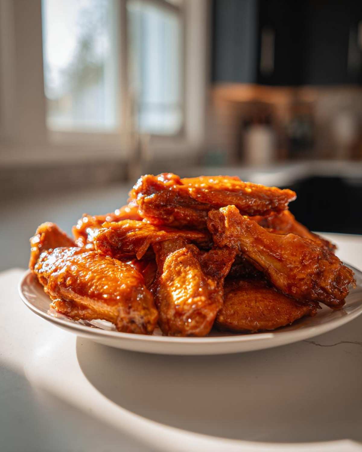 A mound of glistening Sticky Orange Chicken Wings with Honey Glaze piled high on a white plate.