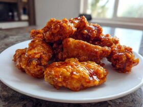 A mound of crispy Sticky Orange Chicken Wings with Honey Glaze piled high on a white plate.