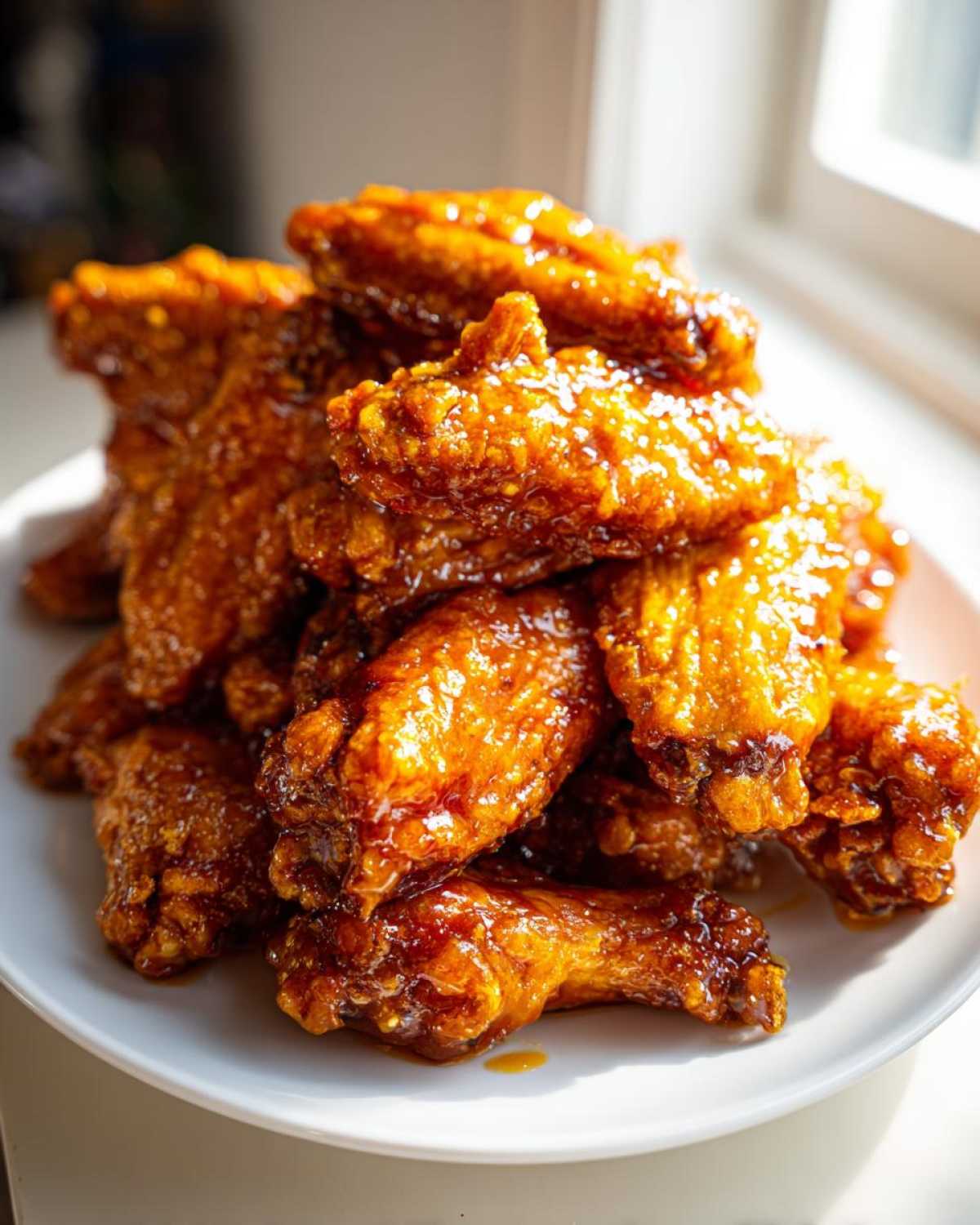 A pile of crispy, glazed Sticky Orange Chicken Wings with Honey Glaze stacked high on a white plate.
