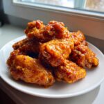 A close-up of a pile of glistening Sticky Orange Chicken Wings with Honey Glaze served on a white plate.