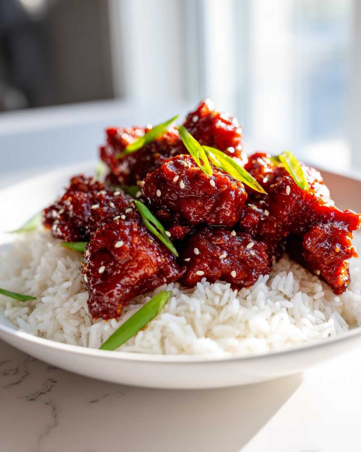 Close-up of Sticky Sweet Chili Chicken Skillet pieces coated in dark red glaze, served over white rice and garnished with sesame seeds and green onions.