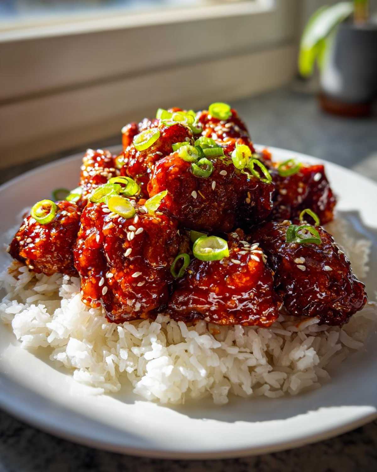 Close-up of Sticky Sweet Chili Chicken Skillet pieces coated in glossy sauce, served over white rice and topped with sesame seeds and green onions.