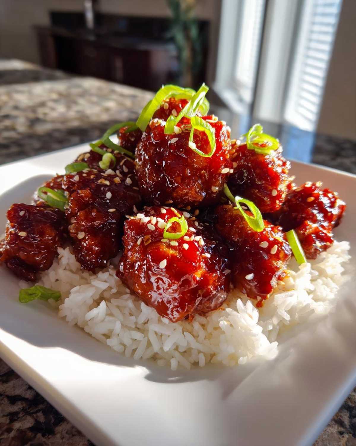 Close-up of Sticky Sweet Chili Chicken Skillet pieces glazed in sauce, served over white rice and garnished with sesame seeds and green onions.