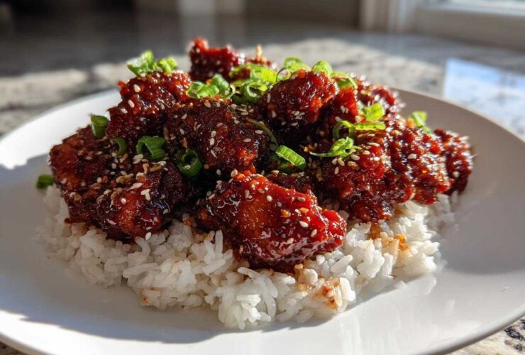 Close-up of Sticky Sweet Chili Chicken Skillet pieces coated in dark glaze, served over white rice and garnished with sesame seeds and green onions.