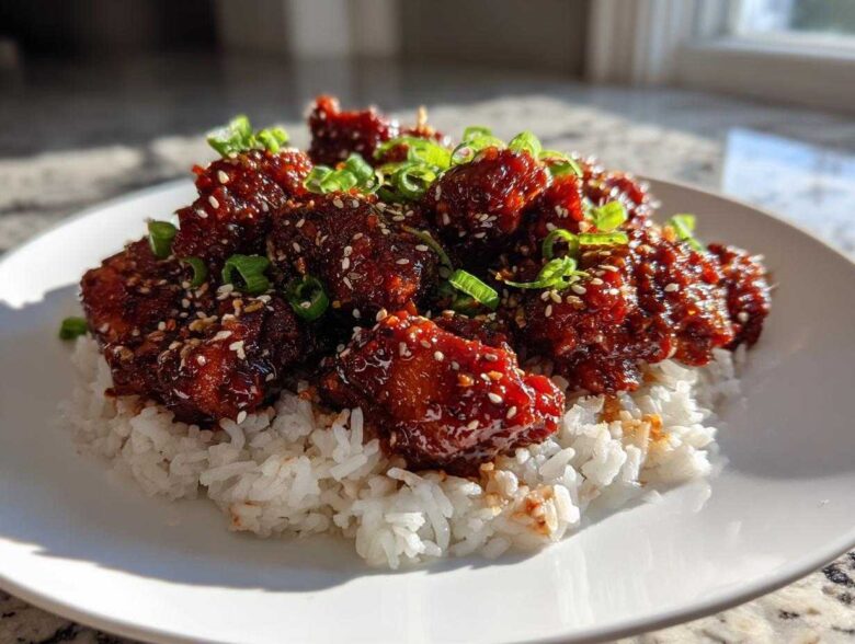 Close-up of Sticky Sweet Chili Chicken Skillet pieces coated in dark glaze, served over white rice and garnished with sesame seeds and green onions.