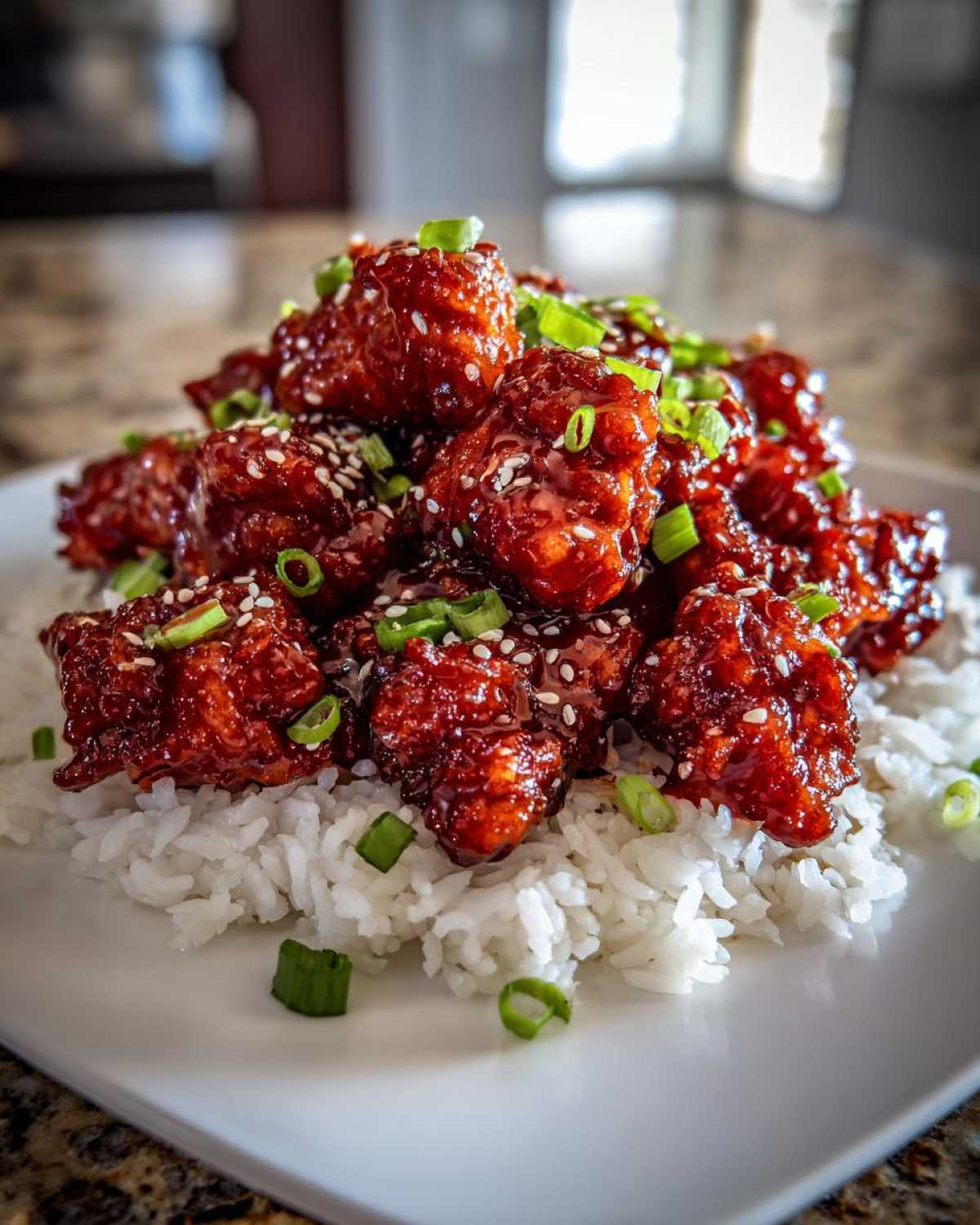 Close-up of Sticky Sweet Chili Chicken Skillet pieces coated in glossy sauce, served over white rice and topped with sesame seeds and green onions.