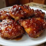 Five oven-baked chicken thighs coated in a thick, glossy, sticky sweet chili glaze on a white plate.