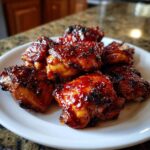 A plate piled high with glistening Sticky Sweet Chili Chicken Thighs Oven Baked, coated in a dark, caramelized glaze and sprinkled with sesame seeds.