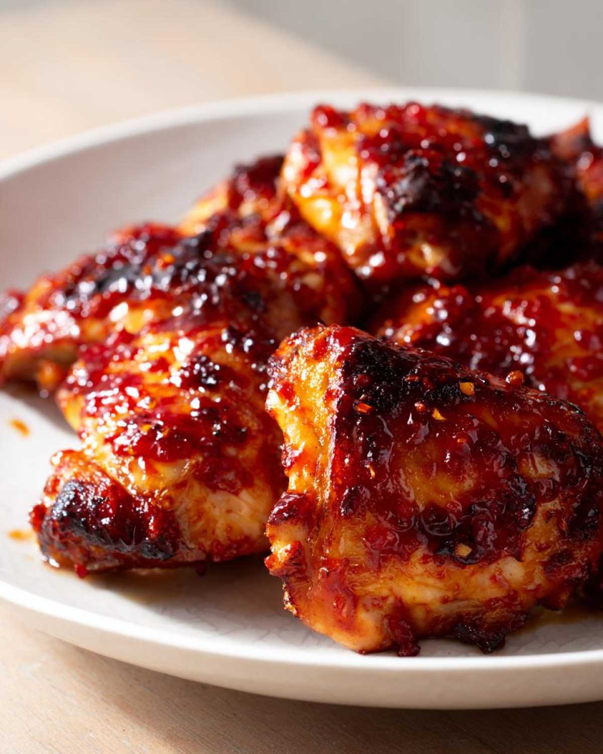 Close-up of perfectly baked Sticky Sweet Chili Chicken Thighs coated in a glossy, dark red glaze.