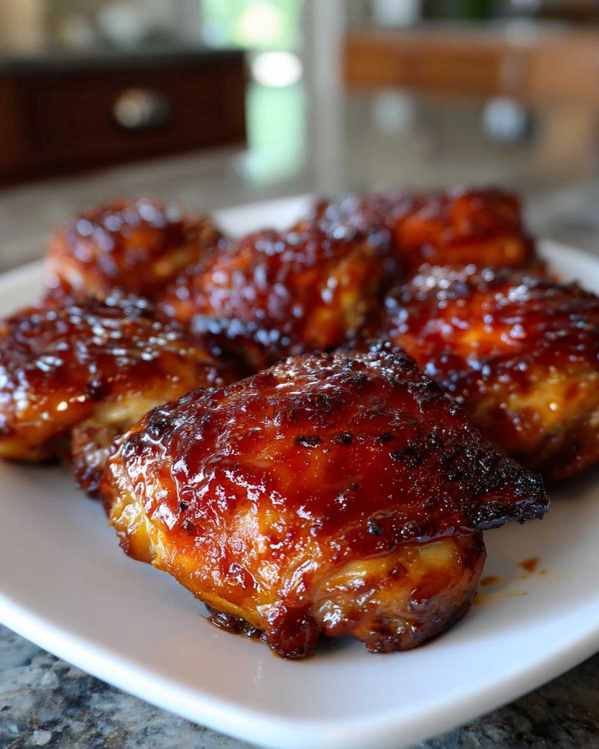 Close-up of several Sticky Sweet Chili Chicken Thighs Oven Baked, coated in a thick, glossy, caramelized sauce.