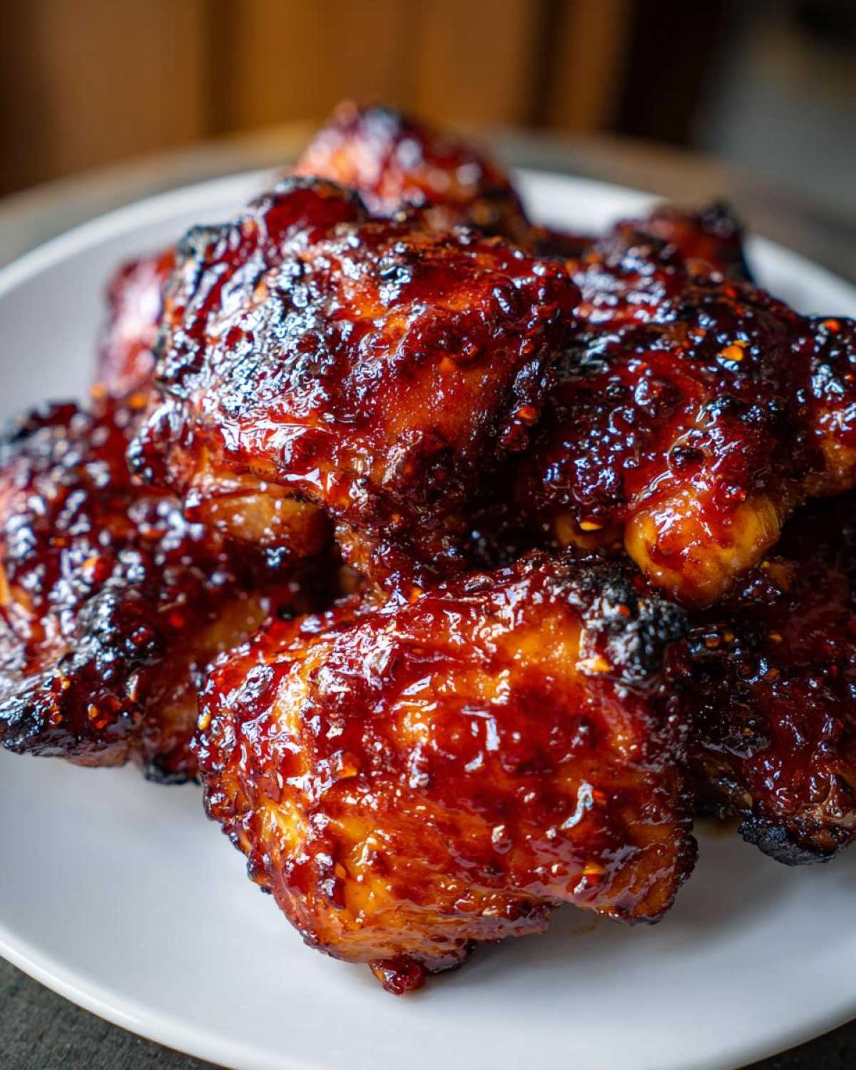 Close-up of several Sticky Sweet Chili Chicken Thighs Oven Baked, coated in a thick, glossy, dark red glaze.