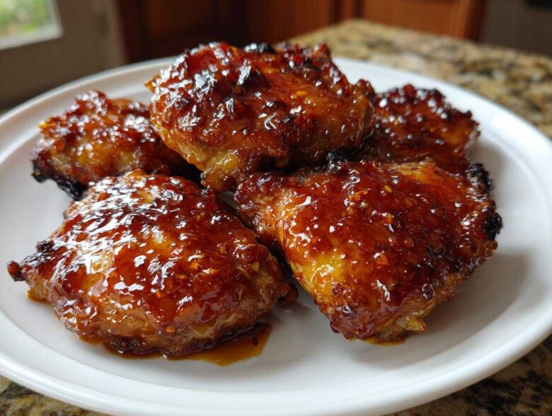 Five oven-baked chicken thighs coated in a thick, glossy, sticky sweet chili glaze on a white plate.