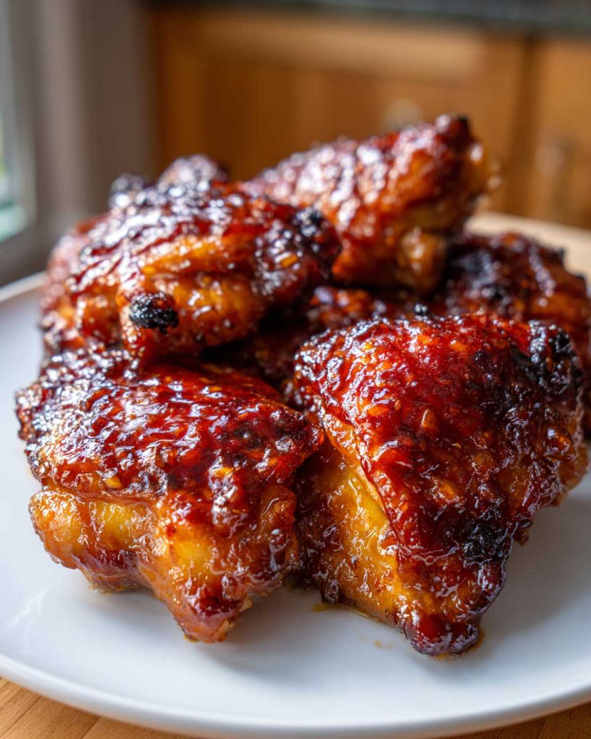 Close-up of several oven-baked chicken thighs coated in a thick, glossy, sticky sweet chili glaze.