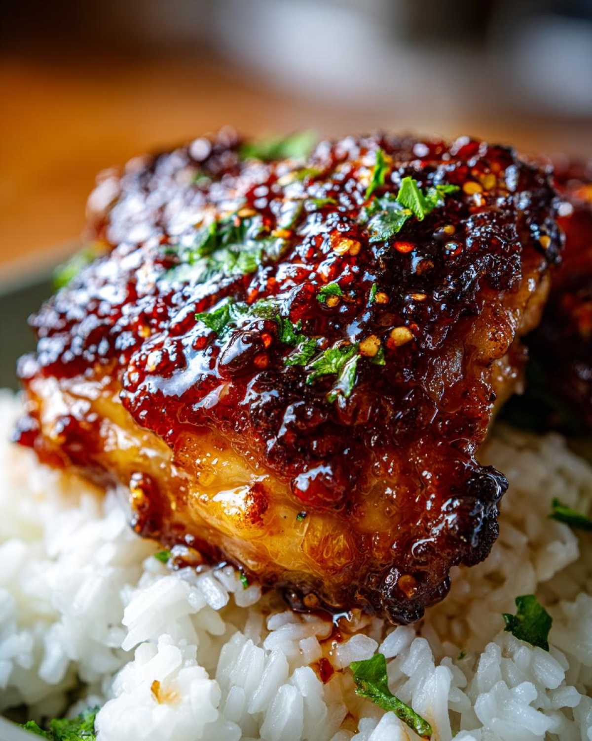 A close-up of a glazed chicken thigh covered in sticky sweet chili sauce resting on a bed of white rice.