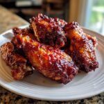 Close-up of several glossy, caramelized Sticky Sweet Chili Chicken Wings Oven Baked piled on a white plate.