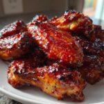 A close-up of glistening, caramelized Sticky Sweet Chili Chicken Wings Oven Baked piled on a white plate.