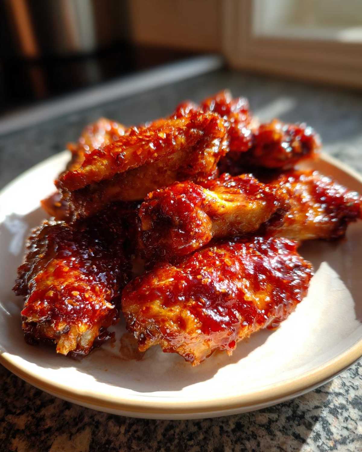 A plate piled high with glistening Sticky Sweet Chili Chicken Wings Oven Baked, coated in a thick, shiny red glaze.