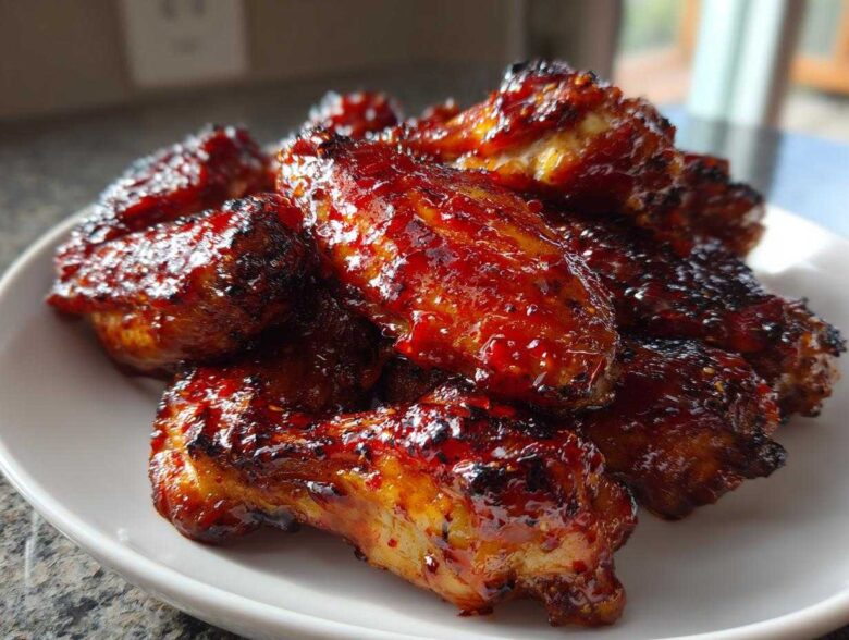 A close-up of glistening, caramelized Sticky Sweet Chili Chicken Wings Oven Baked piled on a white plate.