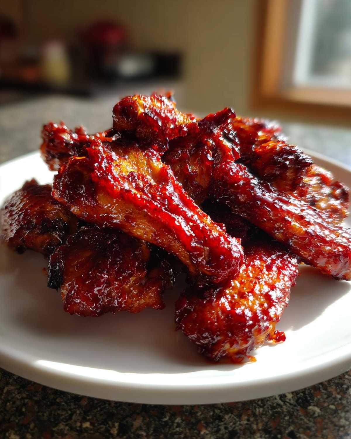 A pile of glistening, dark red Sticky Sweet Chili Chicken Wings Oven Baked served on a white plate.