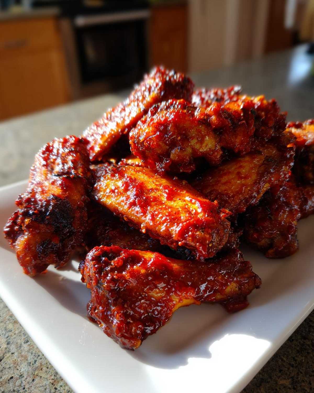A close-up of a pile of glistening Sticky Sweet Chili Chicken Wings Oven Baked on a white square plate.