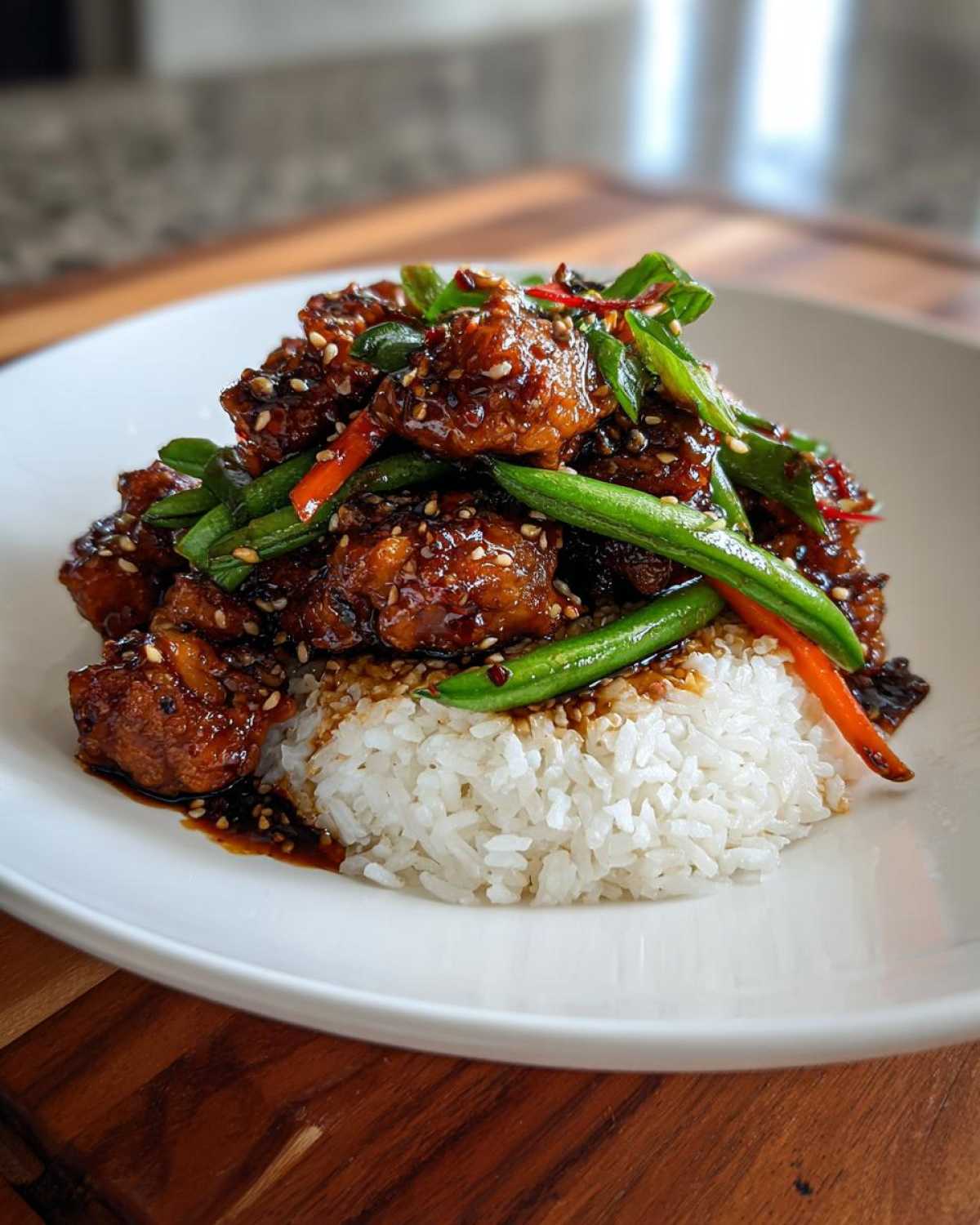 A close-up of a Sticky Teriyaki Chicken Bowl featuring glazed chicken pieces, green beans, and sesame seeds over white rice.