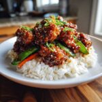 Close-up of a Sticky Teriyaki Chicken Bowl featuring glazed chicken pieces over white rice with snow peas and carrots.