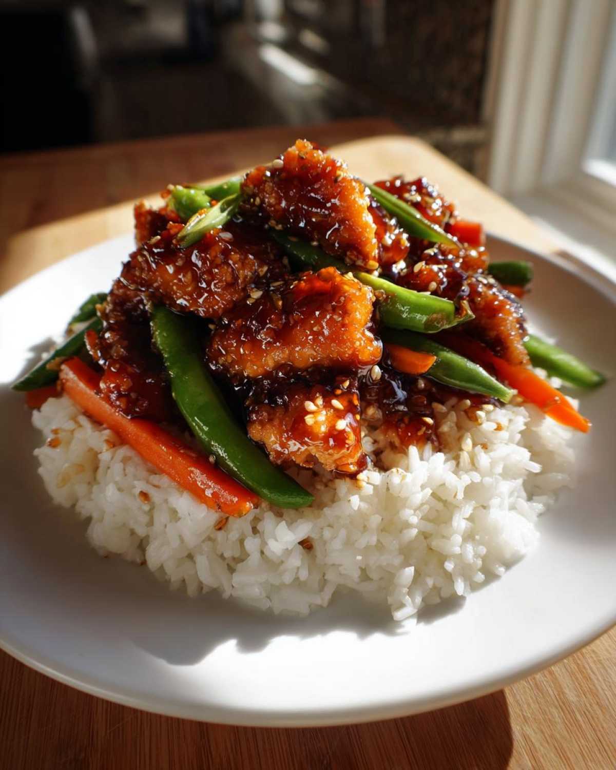 A close-up of a Sticky Teriyaki Chicken Bowl featuring crispy chicken coated in glaze, served over white rice with bright green snap peas and carrots.