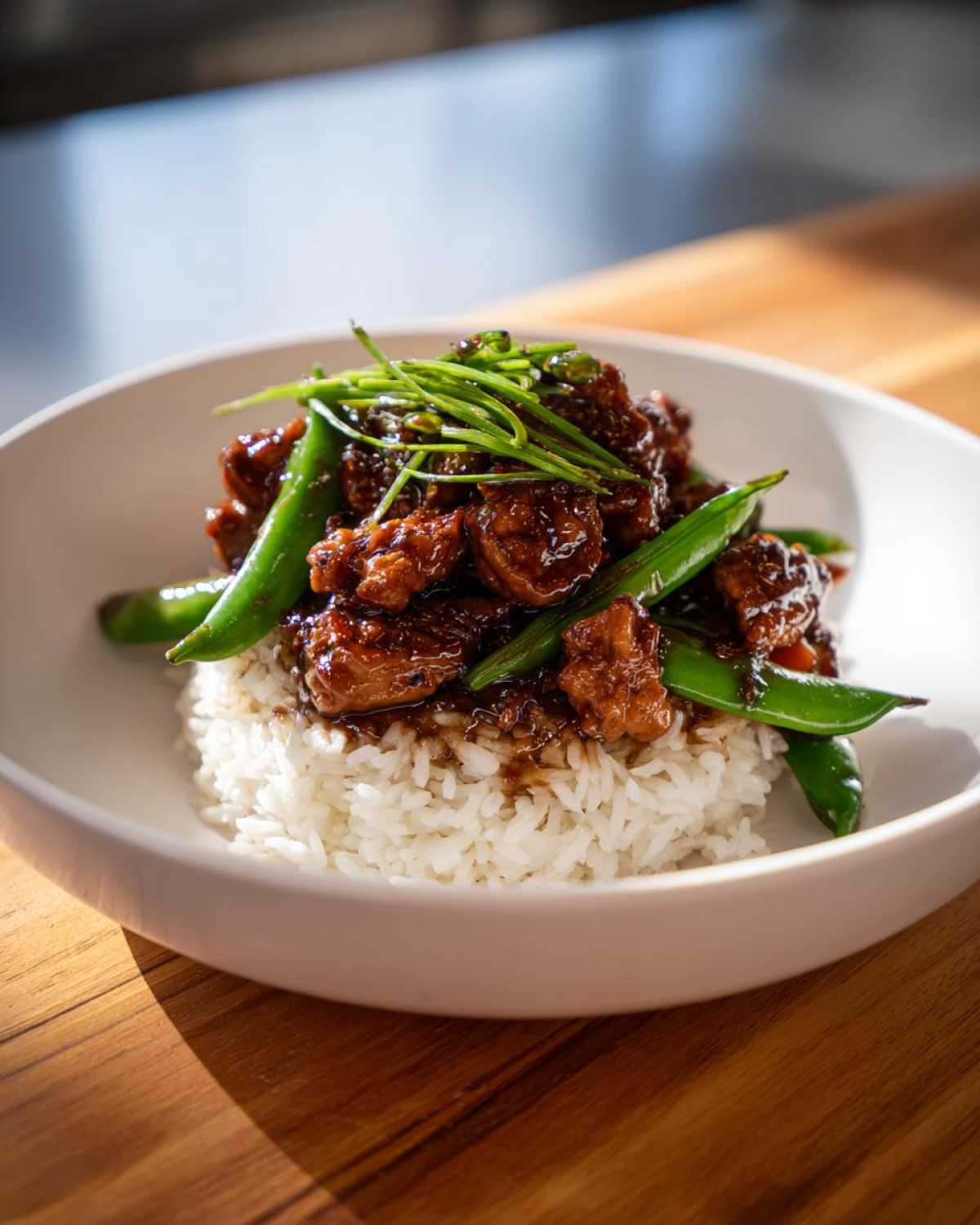 Close-up of a Sticky Teriyaki Chicken Bowl with white rice, glazed chicken, snow peas, and chives garnish.