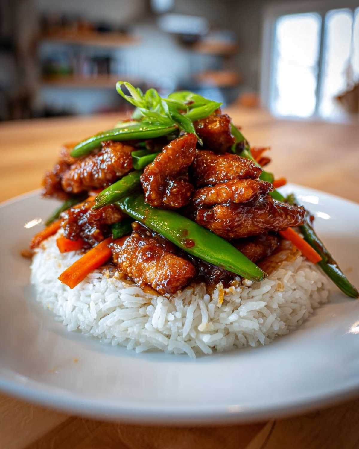 A close-up of a Sticky Teriyaki Chicken Bowl featuring glazed chicken pieces, bright green snow peas, carrots, served over white rice.