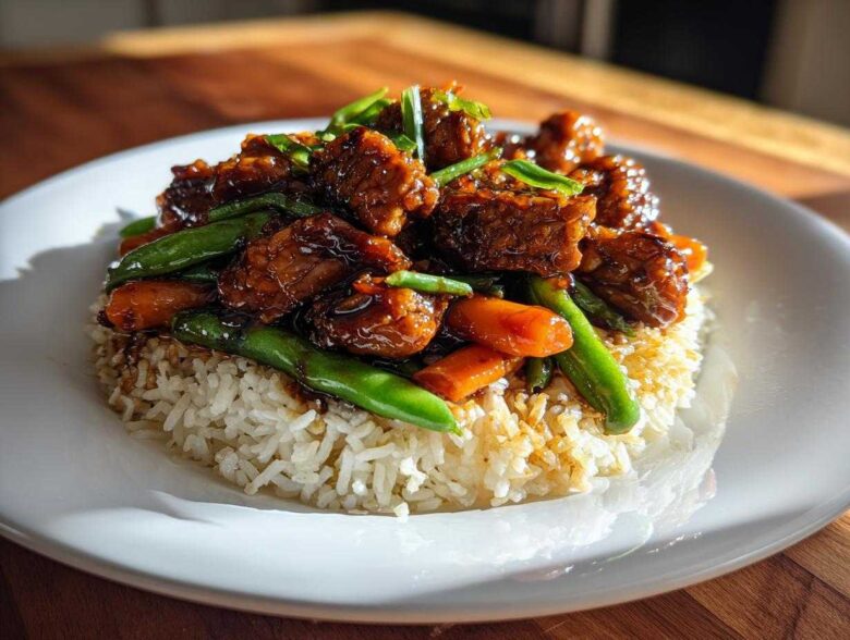 A serving of Sticky Teriyaki Chicken Bowl with rice, glazed chicken pieces, carrots, and green beans.