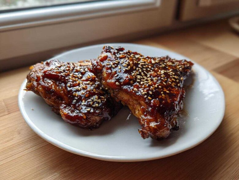 Two pieces of Sticky Teriyaki Chicken Thighs with Garlic, glazed and topped with sesame seeds on a white plate.