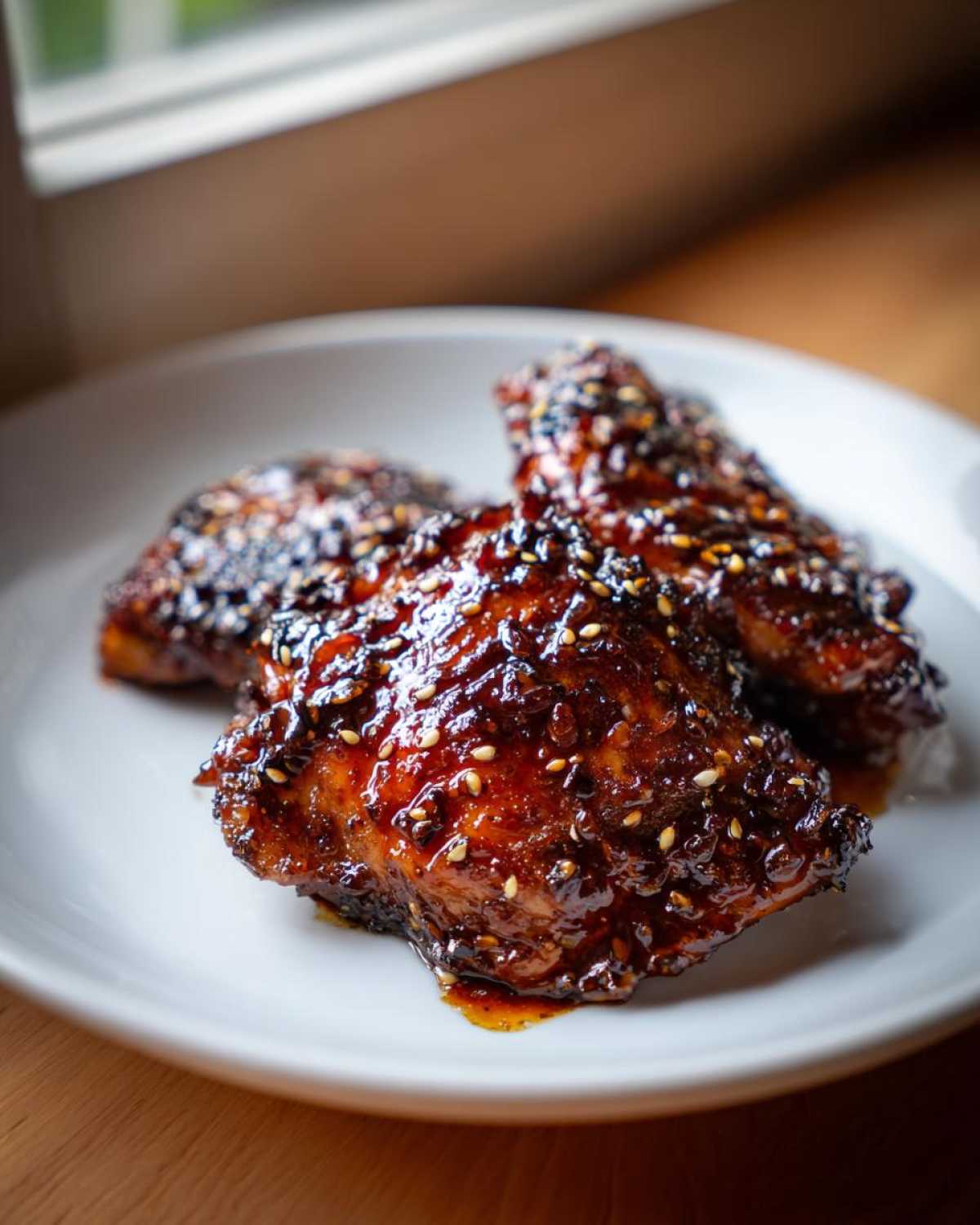 Three pieces of Sticky Teriyaki Chicken Thighs with Garlic, coated in a thick, dark glaze and sprinkled with sesame seeds.