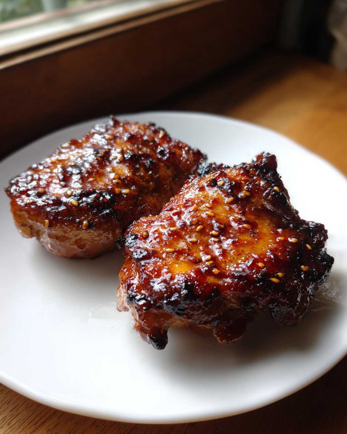 Two pieces of glossy, caramelized Sticky Teriyaki Chicken Thighs with Garlic, sprinkled with sesame seeds, on a white plate.