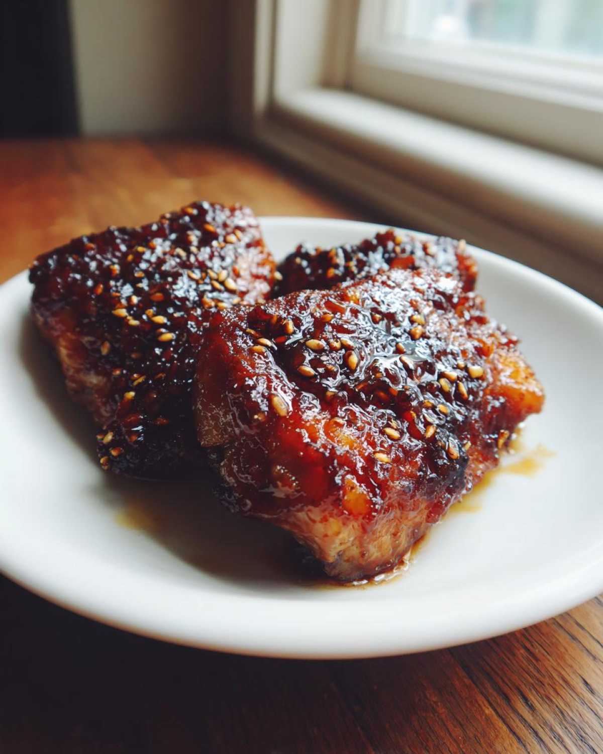 Three pieces of Sticky Teriyaki Chicken Thighs with Garlic, glazed and topped with sesame seeds, served on a white plate.
