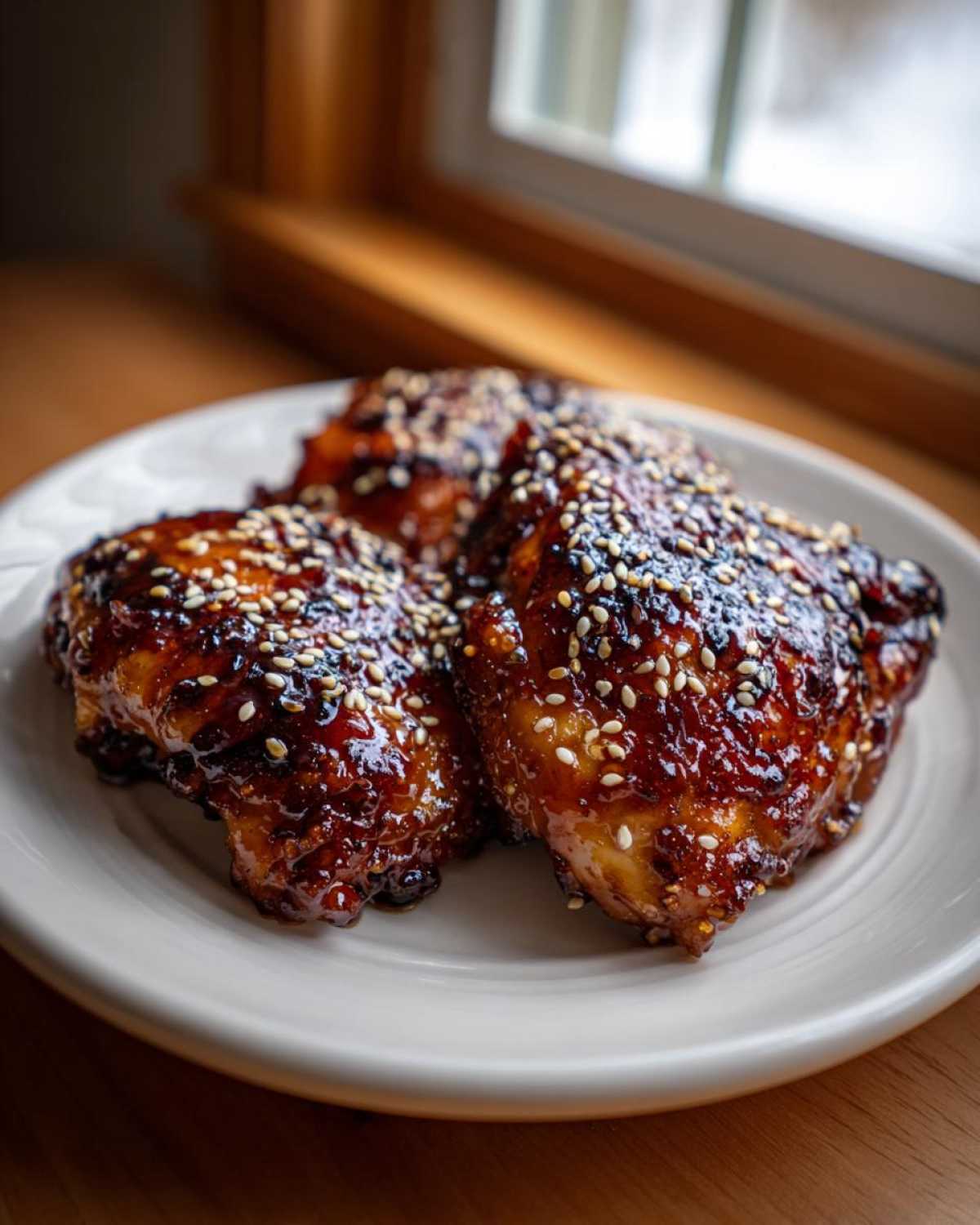 Three pieces of Sticky Teriyaki Chicken Thighs with Garlic, glazed and sprinkled with sesame seeds on a white plate.