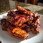 Close-up of oven baked Sticky Teriyaki Chicken Wings glistening with a dark, caramelized glaze on a white plate.