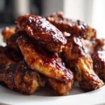 A close-up of a pile of crispy oven baked Sticky Teriyaki Chicken Wings coated in a glossy, dark glaze on a white plate.