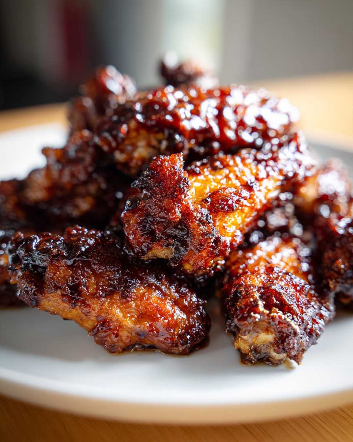 Close-up of crispy oven-baked Sticky Teriyaki Chicken Wings coated in a thick, glossy glaze.